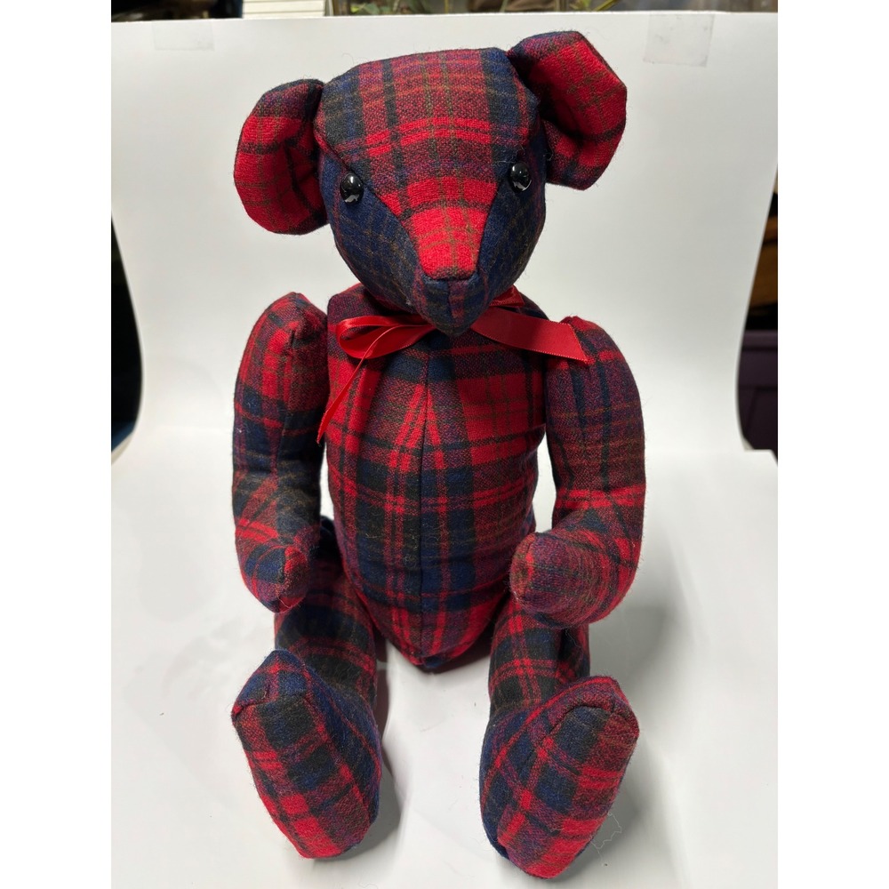 Vintage Plaid Teddy Bear Red Navy Blue Tartan Wool Blend Stuffed Animal 16 inch